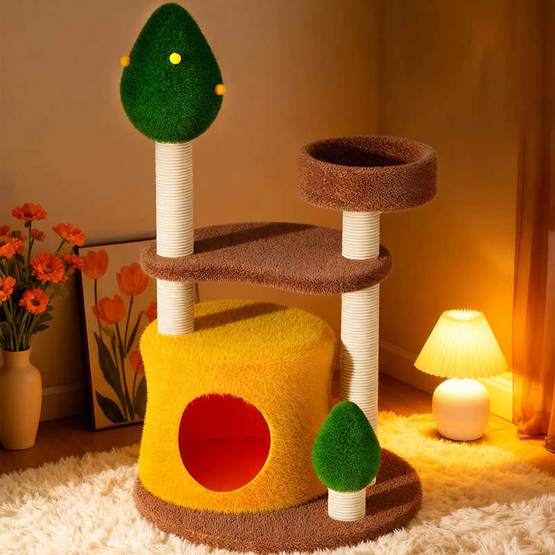 Árbol para gatos contemporáneo y creativo de fibra de densidad media redonda con tela de terciopelo de sisal de 3 niveles para sala de estar 