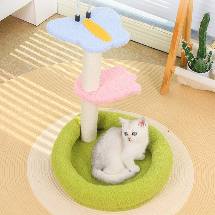 Árbol para gatos contemporáneo creativo redondo de fibra de densidad media con tela de terciopelo y sisal, 2/3 niveles para sala de estar 