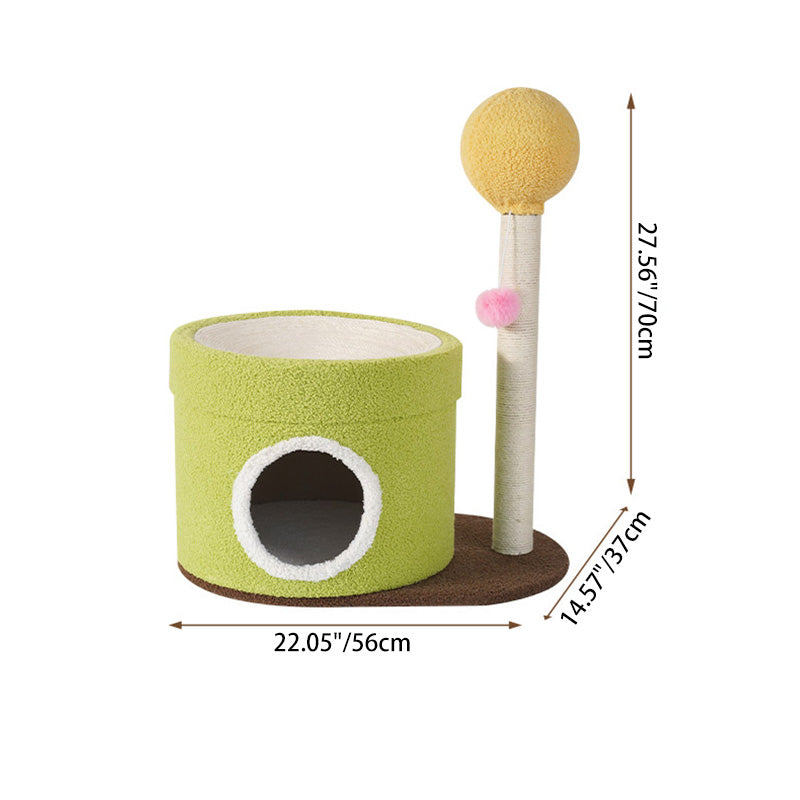 Arbre à chat contemporain créatif à deux niveaux en panneau de fibres à densité moyenne, tube en papier, tissu velours, corde de chanvre, pour salon 