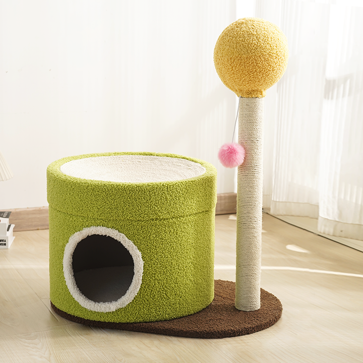Arbre à chat contemporain créatif à deux niveaux en panneau de fibres à densité moyenne, tube en papier, tissu velours, corde de chanvre, pour salon 