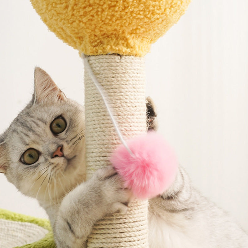 Arbre à chat contemporain créatif à deux niveaux en panneau de fibres à densité moyenne, tube en papier, tissu velours, corde de chanvre, pour salon 
