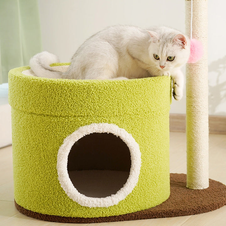 Arbre à chat contemporain créatif à deux niveaux en panneau de fibres à densité moyenne, tube en papier, tissu velours, corde de chanvre, pour salon 