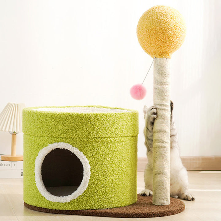 Arbre à chat contemporain créatif à deux niveaux en panneau de fibres à densité moyenne, tube en papier, tissu velours, corde de chanvre, pour salon 