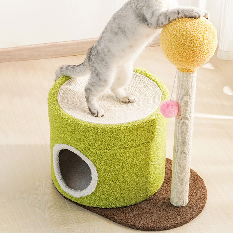 Arbre à chat contemporain créatif à deux niveaux en panneau de fibres à densité moyenne, tube en papier, tissu velours, corde de chanvre, pour salon 