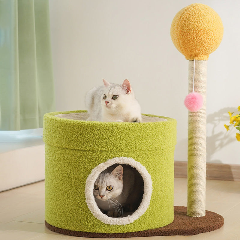 Arbre à chat contemporain créatif à deux niveaux en panneau de fibres à densité moyenne, tube en papier, tissu velours, corde de chanvre, pour salon 