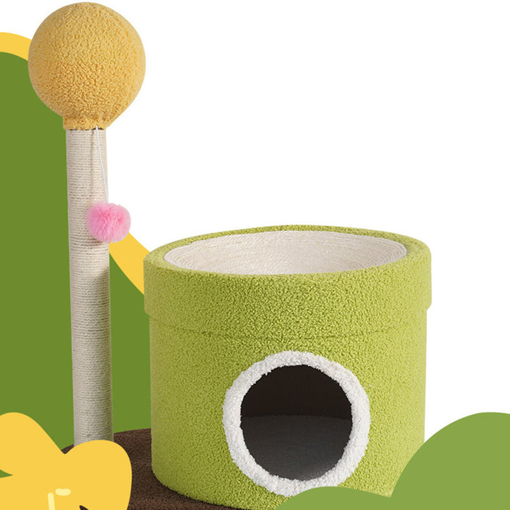 Arbre à chat contemporain créatif à deux niveaux en panneau de fibres à densité moyenne, tube en papier, tissu velours, corde de chanvre, pour salon 