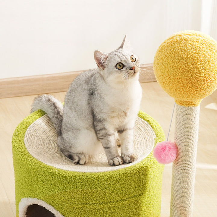 Arbre à chat contemporain créatif à deux niveaux en panneau de fibres à densité moyenne, tube en papier, tissu velours, corde de chanvre, pour salon 