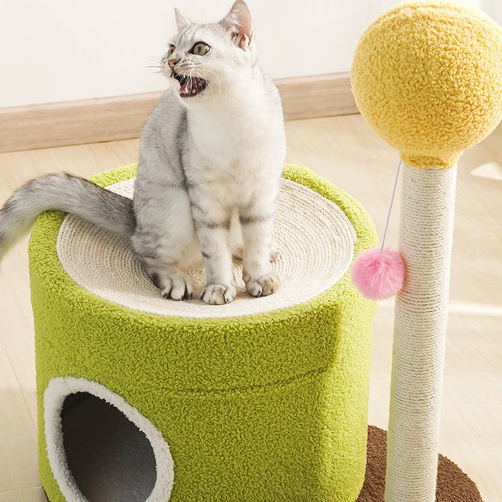 Arbre à chat contemporain créatif à deux niveaux en panneau de fibres à densité moyenne, tube en papier, tissu velours, corde de chanvre, pour salon 