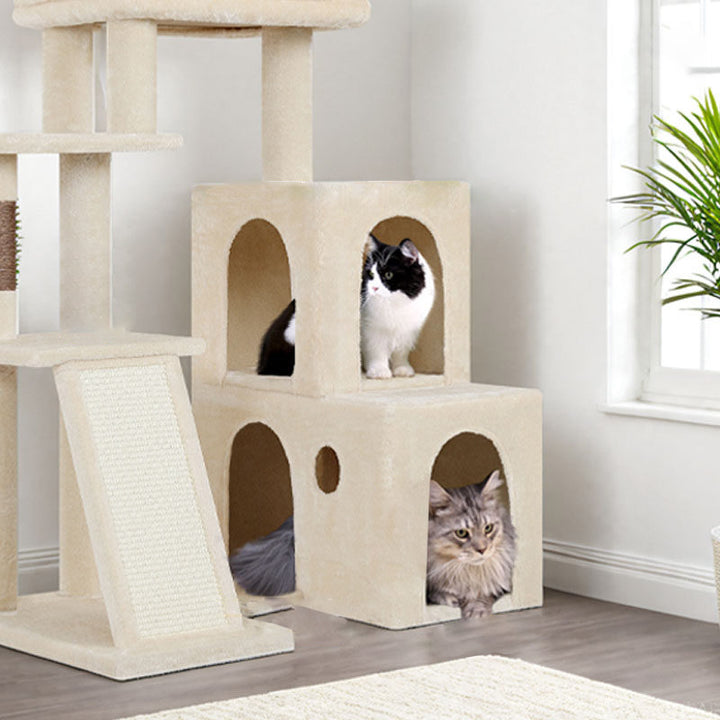 Árbol para gatos de 4 niveles de tablero de partículas cuadrado escandinavo contemporáneo con tela de terciopelo y cuerda de cáñamo para sala de estar 