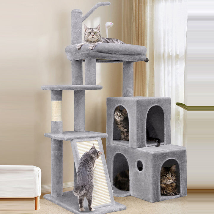 Árbol para gatos de 4 niveles de tablero de partículas cuadrado escandinavo contemporáneo con tela de terciopelo y cuerda de cáñamo para sala de estar 