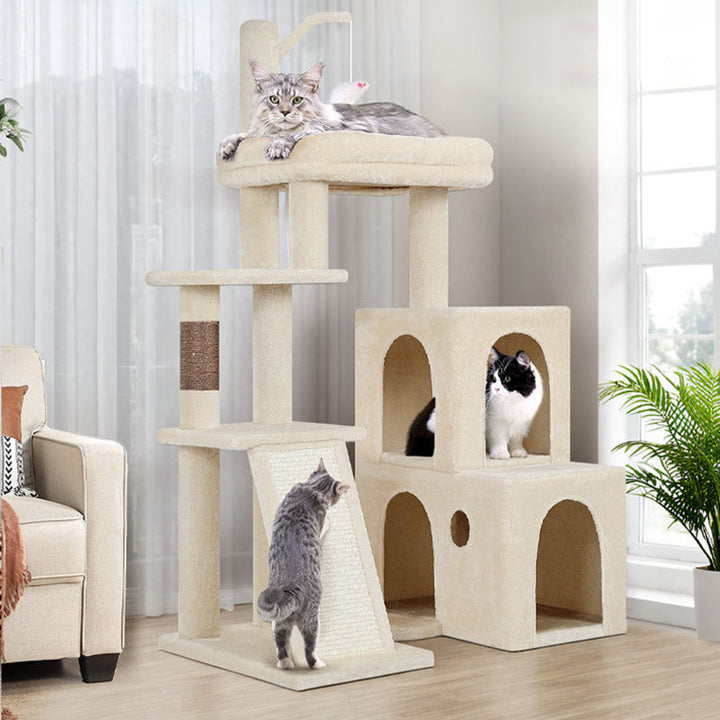Árbol para gatos de 4 niveles de tablero de partículas cuadrado escandinavo contemporáneo con tela de terciopelo y cuerda de cáñamo para sala de estar 