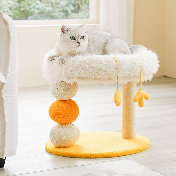 Árbol para gatos contemporáneo creativo redondo de aglomerado, tela de terciopelo y cuerda de cáñamo de 2 niveles para sala de estar 