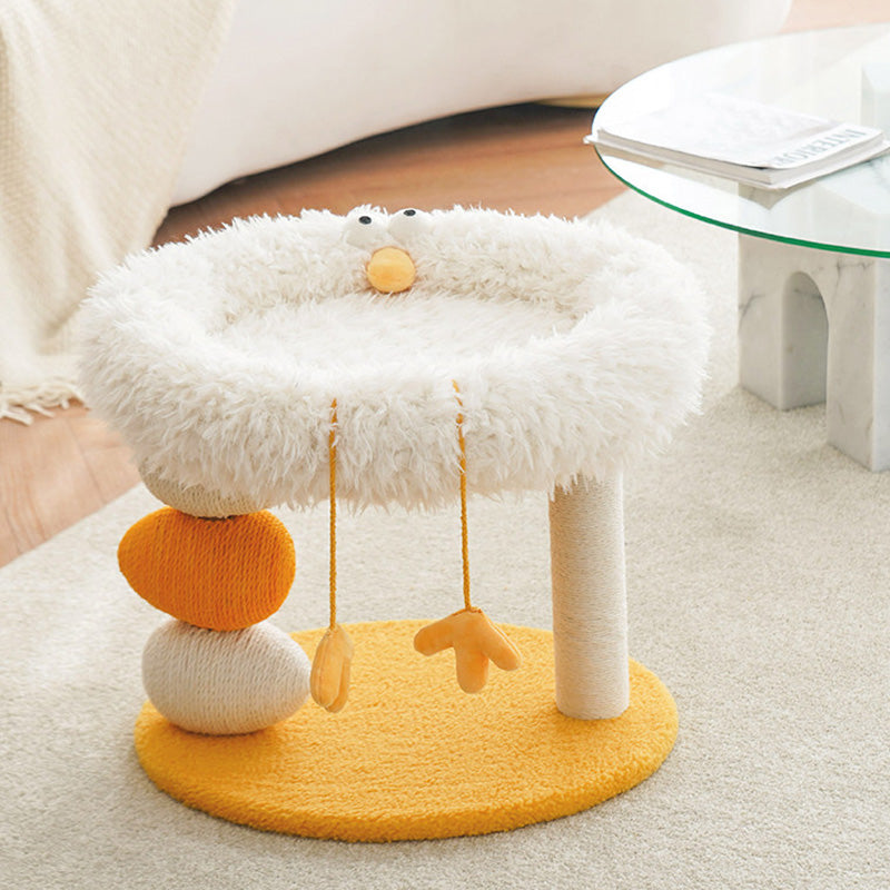 Árbol para gatos contemporáneo creativo redondo de aglomerado, tela de terciopelo y cuerda de cáñamo de 2 niveles para sala de estar 