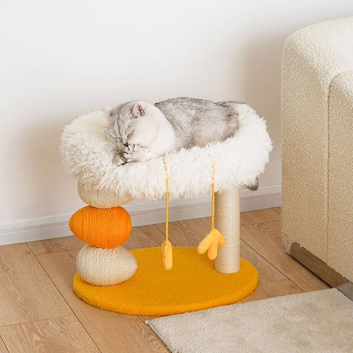 Árbol para gatos contemporáneo creativo redondo de aglomerado, tela de terciopelo y cuerda de cáñamo de 2 niveles para sala de estar 