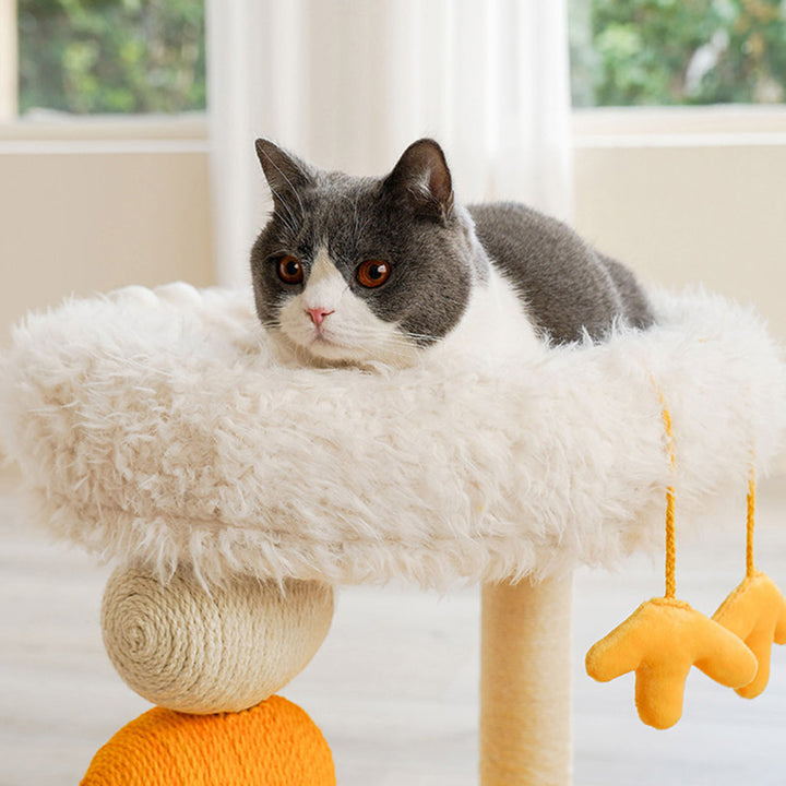 Árbol para gatos contemporáneo creativo redondo de aglomerado, tela de terciopelo y cuerda de cáñamo de 2 niveles para sala de estar 