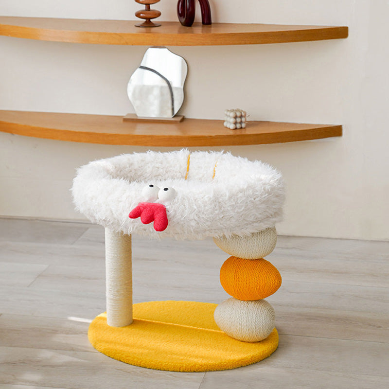 Árbol para gatos contemporáneo creativo redondo de aglomerado, tela de terciopelo y cuerda de cáñamo de 2 niveles para sala de estar 