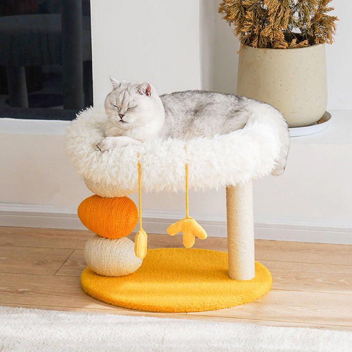 Árbol para gatos contemporáneo creativo redondo de aglomerado, tela de terciopelo y cuerda de cáñamo de 2 niveles para sala de estar 
