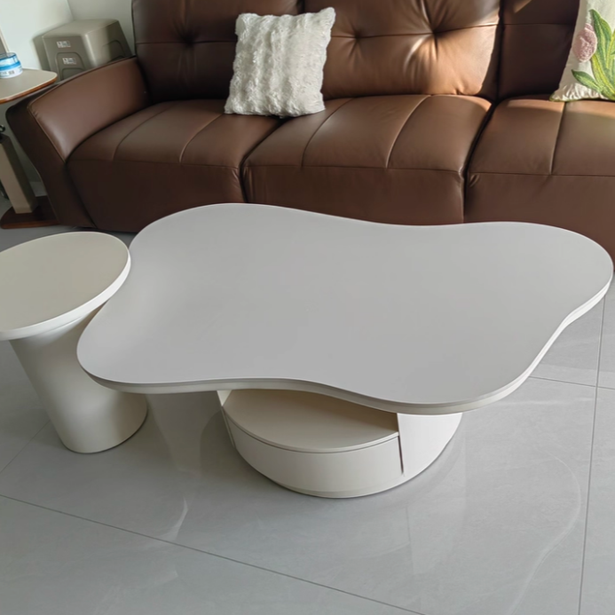 Table basse contemporaine scandinave ronde en dalle de pierre à plusieurs couches, panneau en bois massif, tiroirs en bois de pin, à 2 tiroirs pour salon 