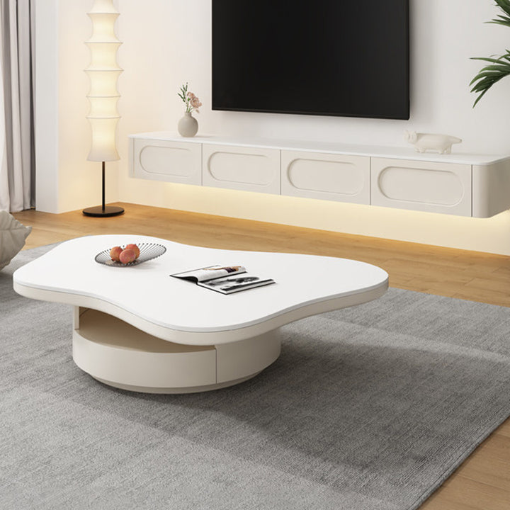 Table basse contemporaine scandinave ronde en dalle de pierre à plusieurs couches, panneau en bois massif, tiroirs en bois de pin, à 2 tiroirs pour salon 