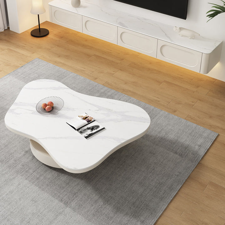 Table basse contemporaine scandinave ronde en dalle de pierre à plusieurs couches, panneau en bois massif, tiroirs en bois de pin, à 2 tiroirs pour salon 