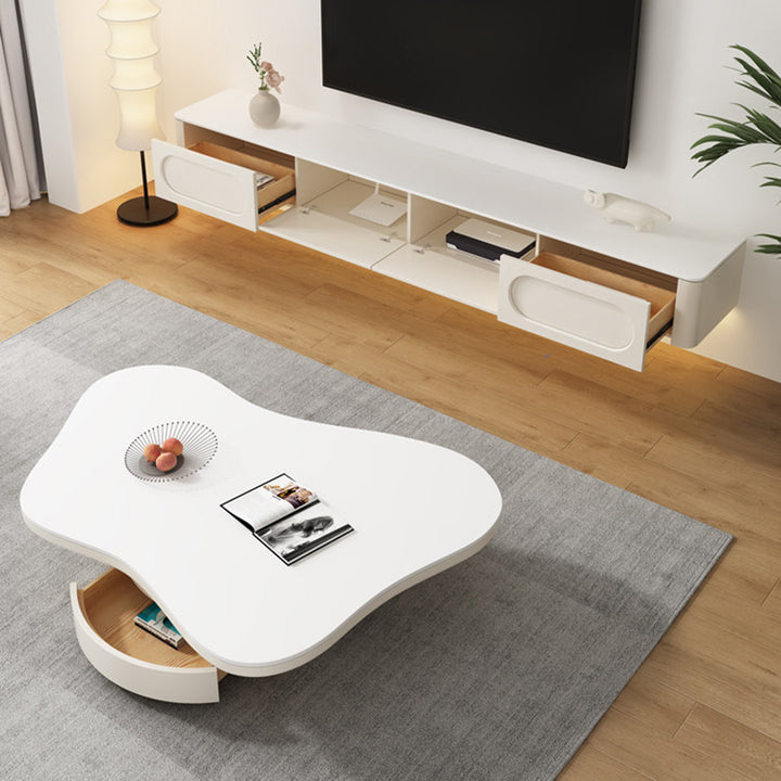 Table basse contemporaine scandinave ronde en dalle de pierre à plusieurs couches, panneau en bois massif, tiroirs en bois de pin, à 2 tiroirs pour salon 