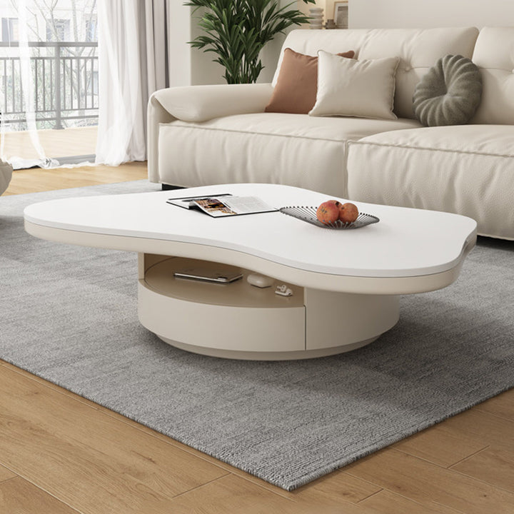 Table basse contemporaine scandinave ronde en dalle de pierre à plusieurs couches, panneau en bois massif, tiroirs en bois de pin, à 2 tiroirs pour salon 