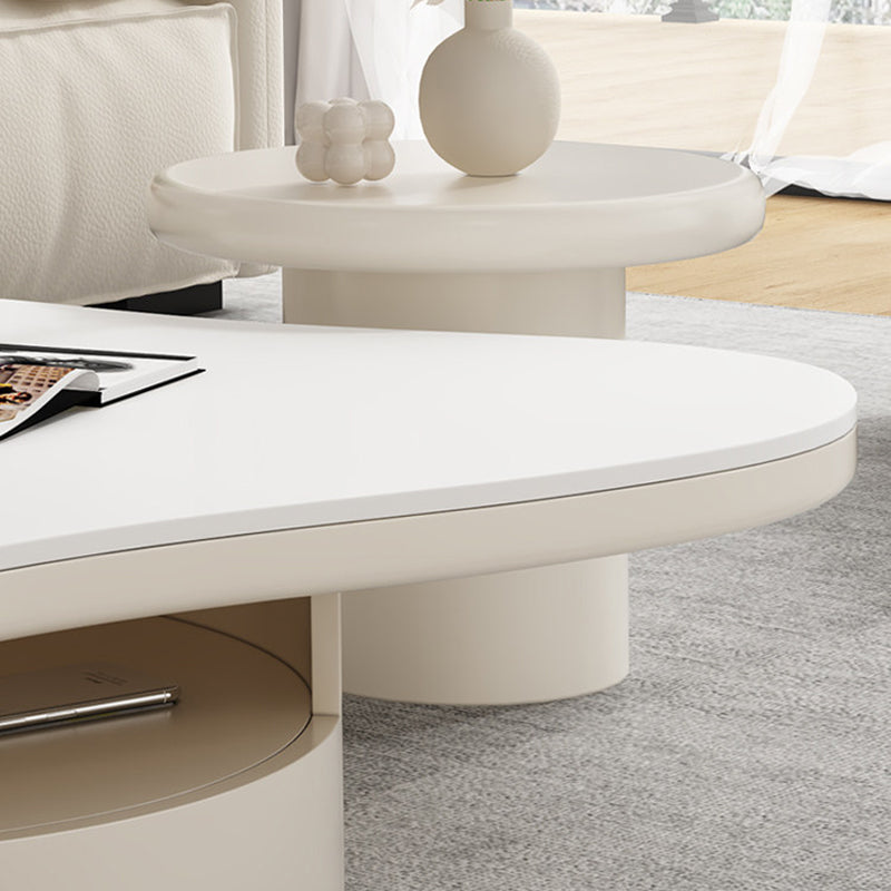 Table basse contemporaine scandinave ronde en dalle de pierre à plusieurs couches, panneau en bois massif, tiroirs en bois de pin, à 2 tiroirs pour salon 