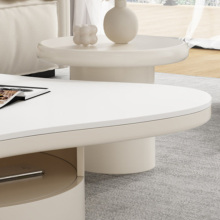 Table basse contemporaine scandinave ronde en dalle de pierre à plusieurs couches, panneau en bois massif, tiroirs en bois de pin, à 2 tiroirs pour salon 