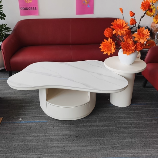 Table basse contemporaine scandinave ronde en dalle de pierre à plusieurs couches, panneau en bois massif, tiroirs en bois de pin, à 2 tiroirs pour salon 