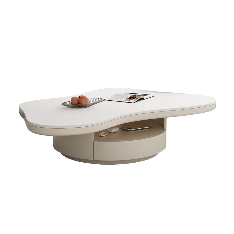 Table basse contemporaine scandinave ronde en dalle de pierre à plusieurs couches, panneau en bois massif, tiroirs en bois de pin, à 2 tiroirs pour salon 