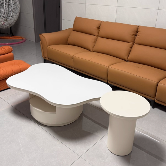 Table basse contemporaine scandinave ronde en dalle de pierre à plusieurs couches, panneau en bois massif, tiroirs en bois de pin, à 2 tiroirs pour salon 