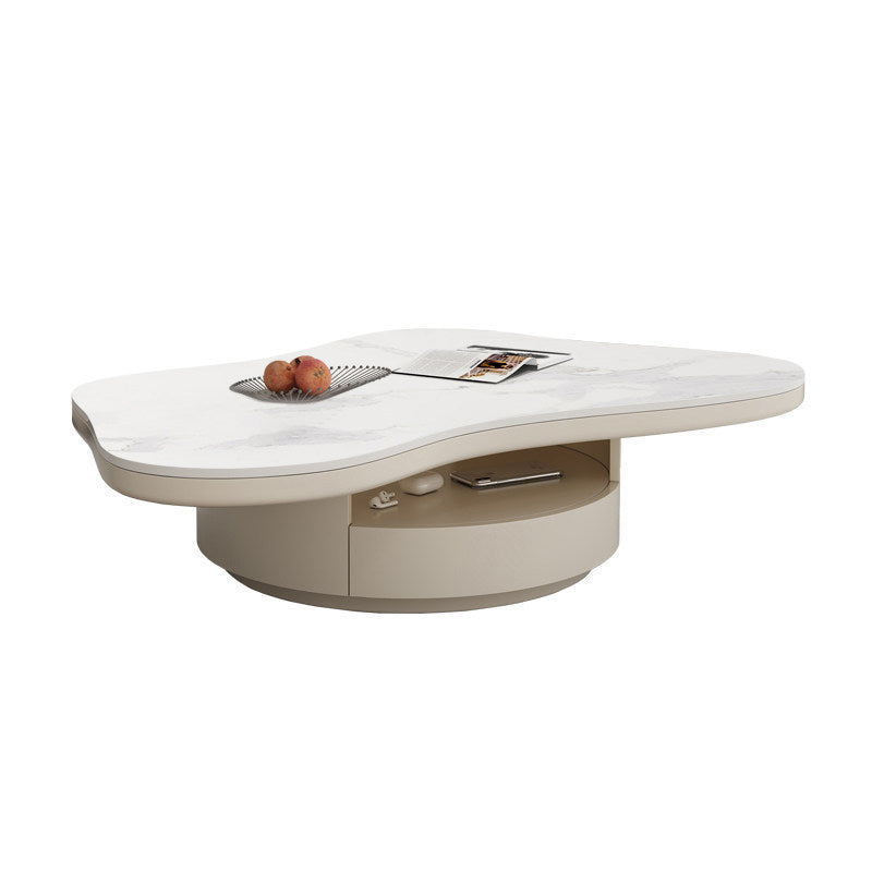Table basse contemporaine scandinave ronde en dalle de pierre à plusieurs couches, panneau en bois massif, tiroirs en bois de pin, à 2 tiroirs pour salon 
