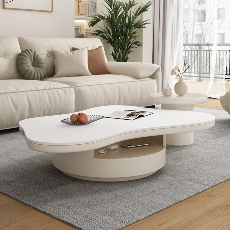 Table basse contemporaine scandinave ronde en dalle de pierre à plusieurs couches, panneau en bois massif, tiroirs en bois de pin, à 2 tiroirs pour salon 