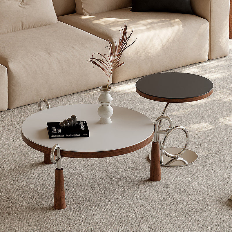 Table basse de luxe moderne ronde en dalle de pierre, panneau multicouche en bois massif et acier inoxydable pour salon 