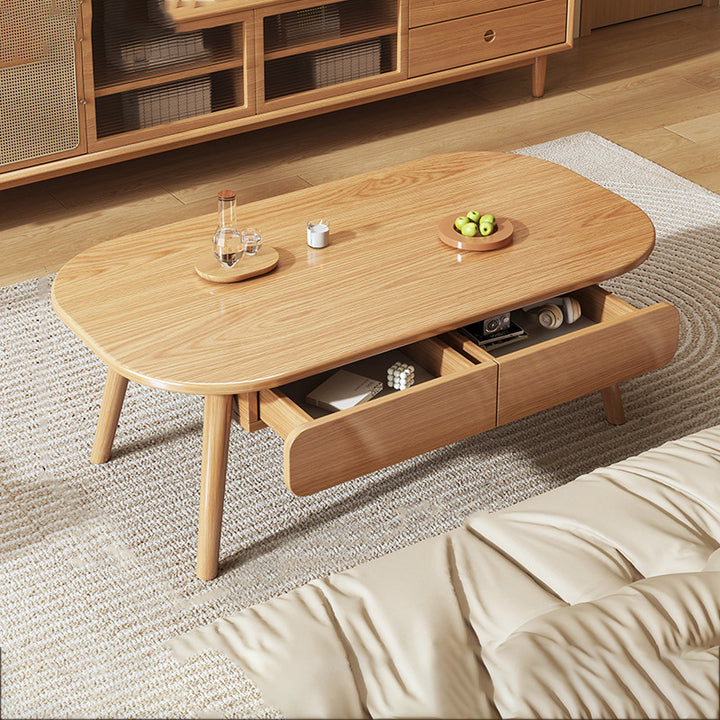 Zeitgenössischer skandinavischer rechteckiger mehrschichtiger Massivholzplatten-Sperrholz-Schubladen-Buche-Beine-Couchtisch mit 2 Schubladen für das Wohnzimmer 