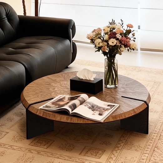 Table basse traditionnelle vintage ronde à plusieurs couches en panneau de bois massif, verre trempé, acrylique et acier inoxydable pour salon 