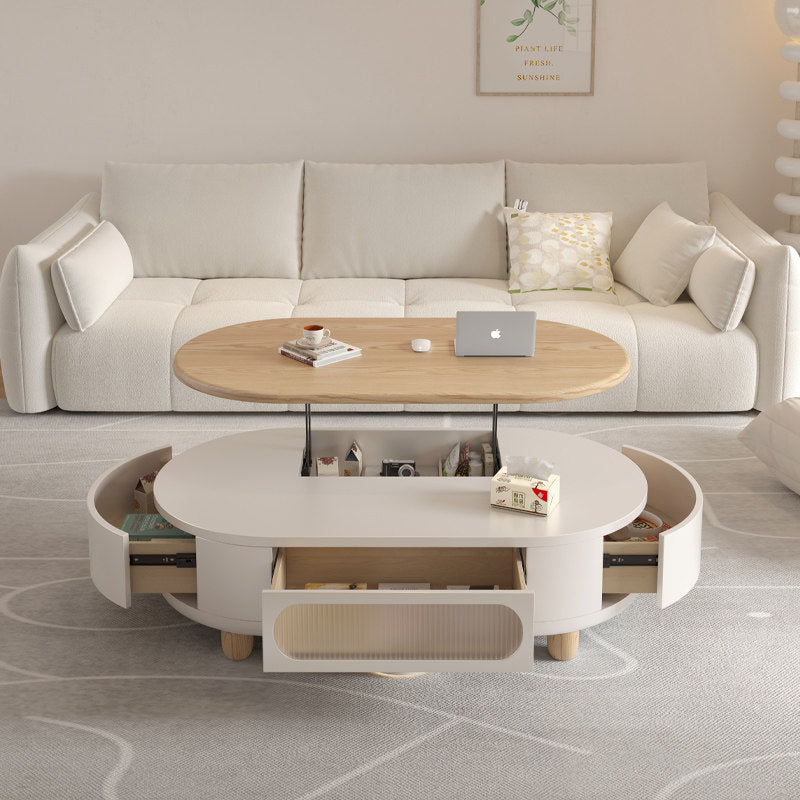 Contemporary Scandinavian Oval Multi-Layer Solid Wood Panel Solid Wood Drawers Extendable Coffee Table 3-Drawer For Living Room