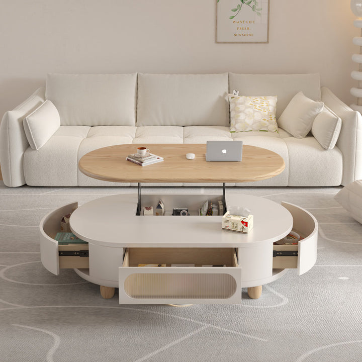 Table basse extensible contemporaine scandinave ovale à panneaux multicouches en bois massif avec tiroirs en bois massif, 3 tiroirs, pour salon 