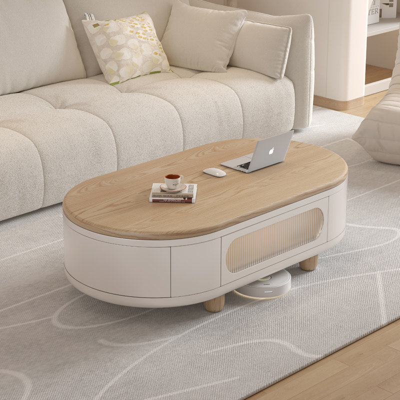 Contemporary Scandinavian Oval Multi-Layer Solid Wood Panel Solid Wood Drawers Extendable Coffee Table 3-Drawer For Living Room