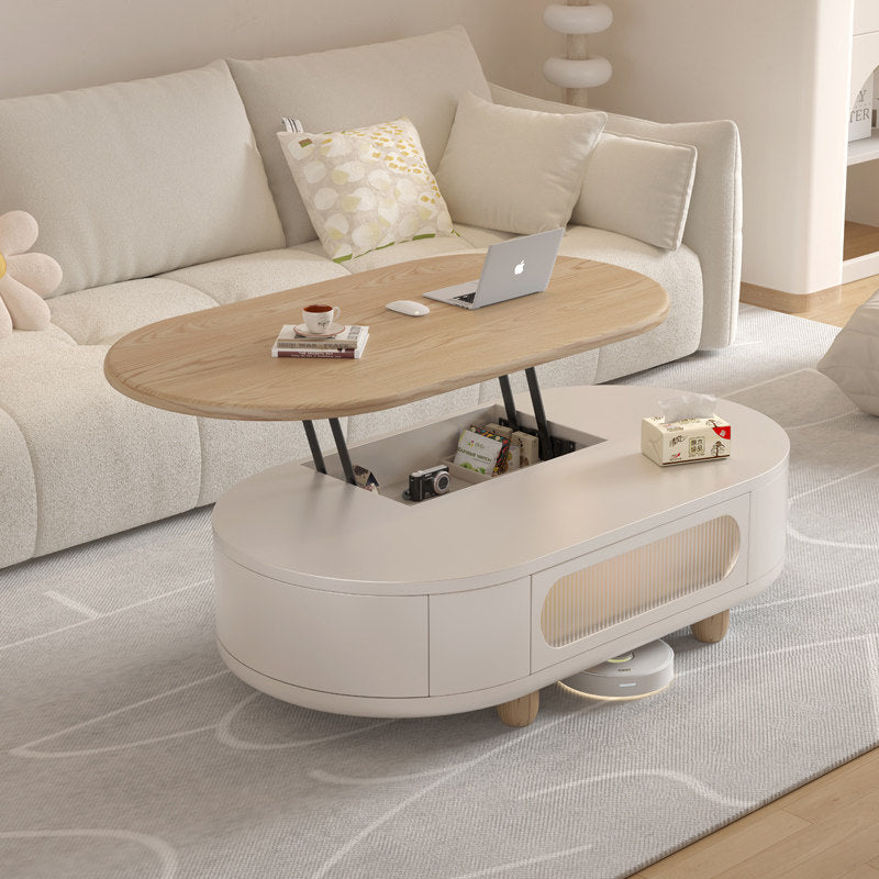 Contemporary Scandinavian Oval Multi-Layer Solid Wood Panel Solid Wood Drawers Extendable Coffee Table 3-Drawer For Living Room