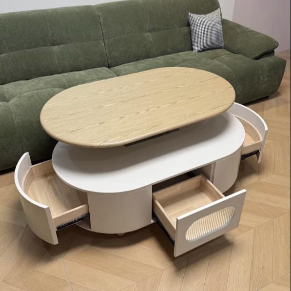 Contemporary Scandinavian Oval Multi-Layer Solid Wood Panel Solid Wood Drawers Extendable Coffee Table 3-Drawer For Living Room