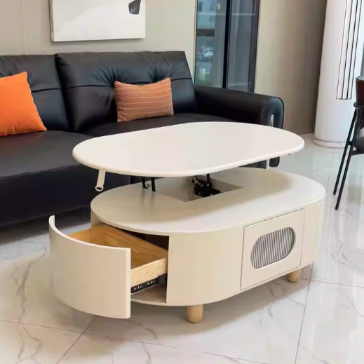 Contemporary Scandinavian Oval Multi-Layer Solid Wood Panel Solid Wood Drawers Extendable Coffee Table 3-Drawer For Living Room