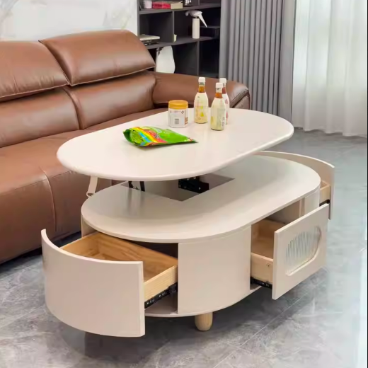 Contemporary Scandinavian Oval Multi-Layer Solid Wood Panel Solid Wood Drawers Extendable Coffee Table 3-Drawer For Living Room