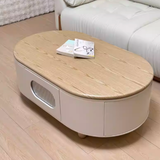Contemporary Scandinavian Oval Multi-Layer Solid Wood Panel Solid Wood Drawers Extendable Coffee Table 3-Drawer For Living Room