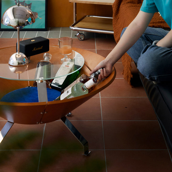 Mesa de café de almacenamiento contemporánea creativa redonda de paneles de madera maciza de varias capas de acero inoxidable y vidrio templado para sala de estar 