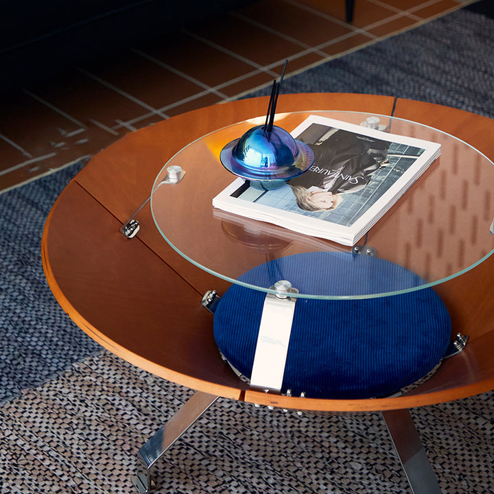 Mesa de café de almacenamiento contemporánea creativa redonda de paneles de madera maciza de varias capas de acero inoxidable y vidrio templado para sala de estar 