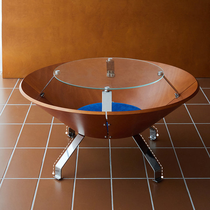 Table basse de rangement contemporaine créative ronde à plusieurs niveaux en panneau de bois massif, acier inoxydable et verre trempé pour salon 