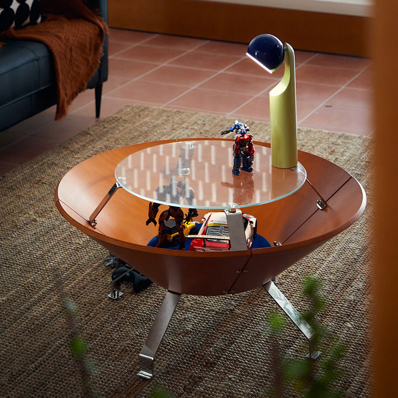 Mesa de café de almacenamiento contemporánea creativa redonda de paneles de madera maciza de varias capas de acero inoxidable y vidrio templado para sala de estar 