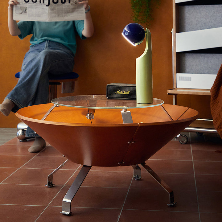 Table basse de rangement contemporaine créative ronde à plusieurs niveaux en panneau de bois massif, acier inoxydable et verre trempé pour salon 