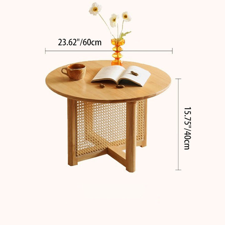 Table basse ronde vintage traditionnelle en bois massif d’hévéa et rotin pour salon 